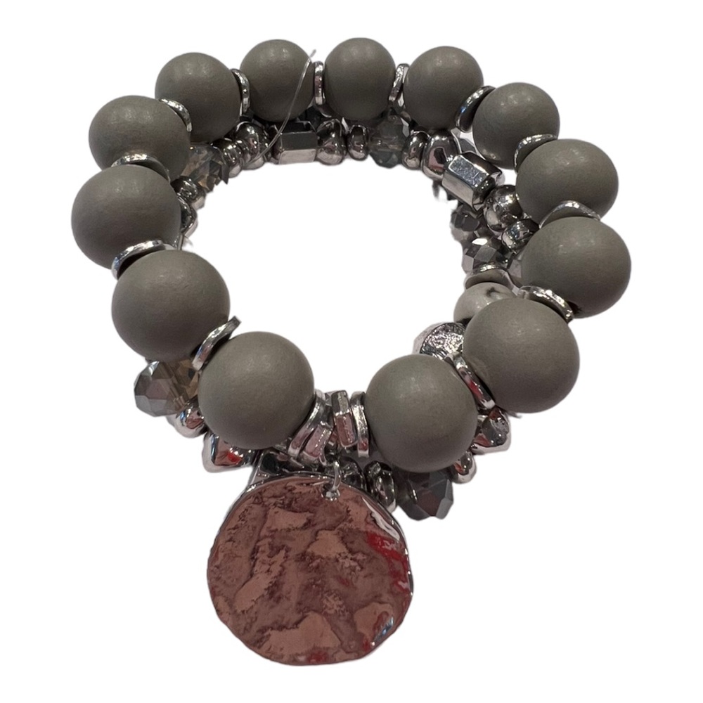 Three Strand Silver, Smoky Gray, Black Beaded, Silver Charm Bracelet